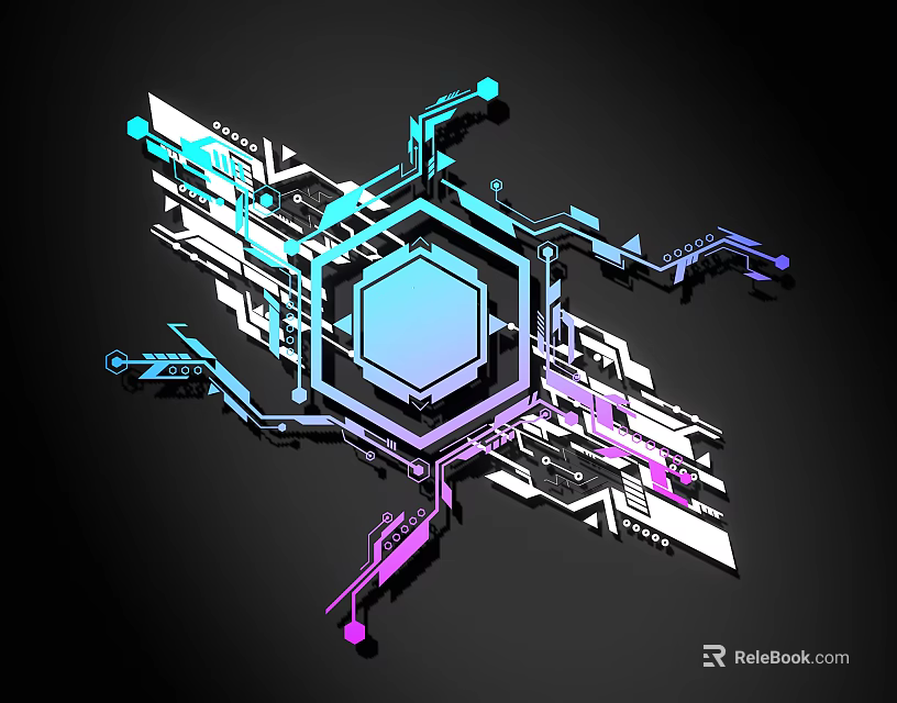 Futuristic Tech Lines Design With Hexagon Shape And Colorful Blue Purple Patterns 3d model 