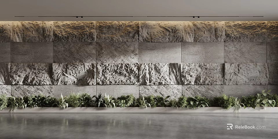 Modern Textured Stone Background Wall Decor With Lush Green Plants Decoration 3d model 