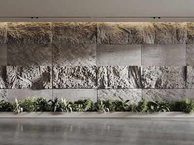 Modern Textured Stone Background Wall Decor With Lush Green Plants Decoration 3d model