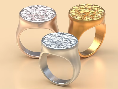 Elegant Jewelry Rings In Silver Gold Rose Gold With Intricate Top Designs 3d model