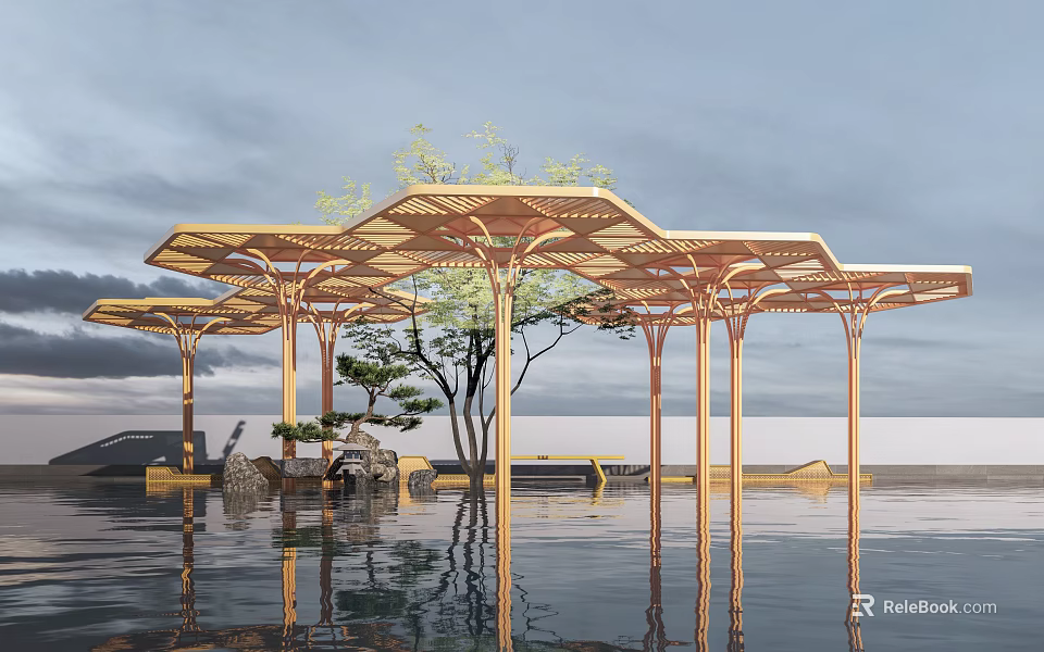 Garden Landscape With Hexagonal Golden Pavilion Structure Water Pool Reflection Small Trees Stones And Bench 3d model 