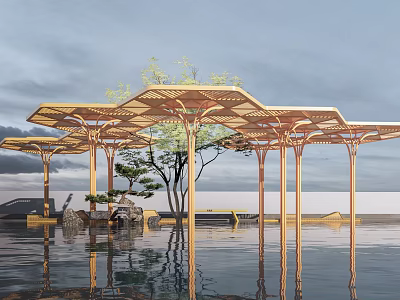 Garden Landscape With Hexagonal Golden Pavilion Structure Water Pool Reflection Small Trees Stones And Bench 3d model
