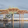 Garden Landscape With Hexagonal Golden Pavilion Structure Water Pool Reflection Small Trees Stones And Bench