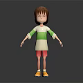 3D Render Girl Standing in Green White Striped Shirt Pink Shorts and Yellow Orange Shoes