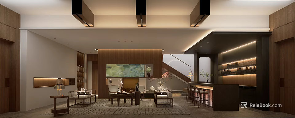 Elegant Modern Reception Hall Interior With Wooden Panel Wall Carpet Sofas Coffee Tables And Staircase 3d model