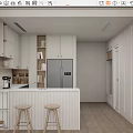 Modern Kitchen Interior Design With White Cabinets Island Counter Coffee Maker And Stools 3d model