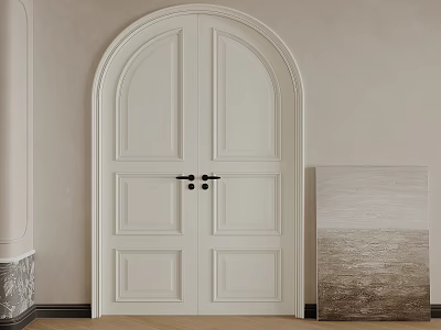 White Arched Paneled Double Doors in Minimalist Interior With Side Wall Painting 3d model