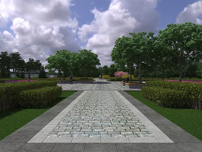 Scenic Garden Landscape With Stone Paved Path Lush Hedges Tall Trees And Blue Sky Clouds 3d model
