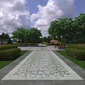 Scenic Garden Landscape With Stone Paved Path Lush Hedges Tall Trees And Blue Sky Clouds