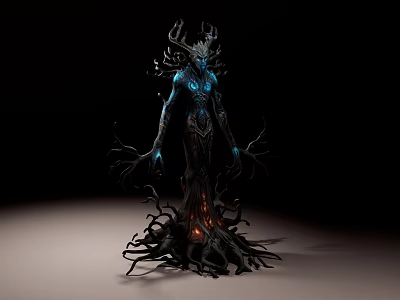 Dark Mythical Game Movie Character With Antlered Head Blue Glowing Body And Rooted Base 3d model