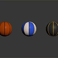 Three Colorful Household Basketballs in Orange Blue White and Black Yellow Hues with Reflections