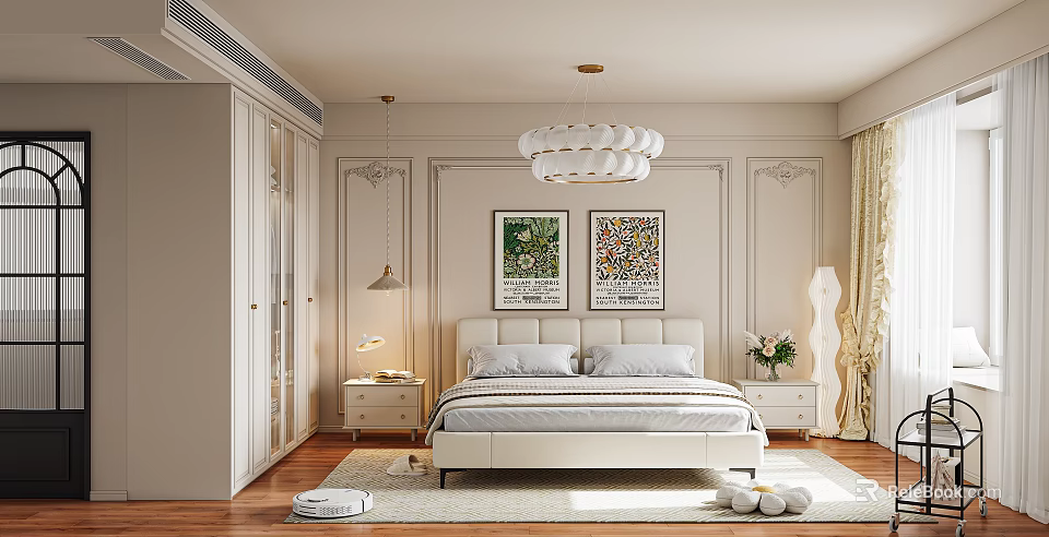 Classic Bedroom With White Bed Decorative Wall Panels Two Framed Artworks Wooden Flooring And Chandelier 3d model 