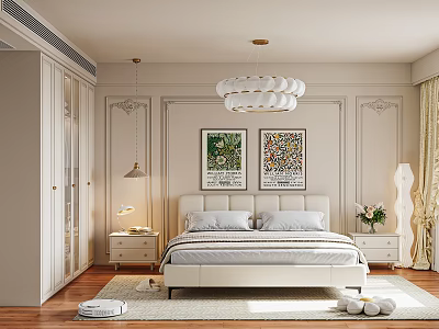 Classic Bedroom With White Bed Decorative Wall Panels Two Framed Artworks Wooden Flooring And Chandelier 3d model