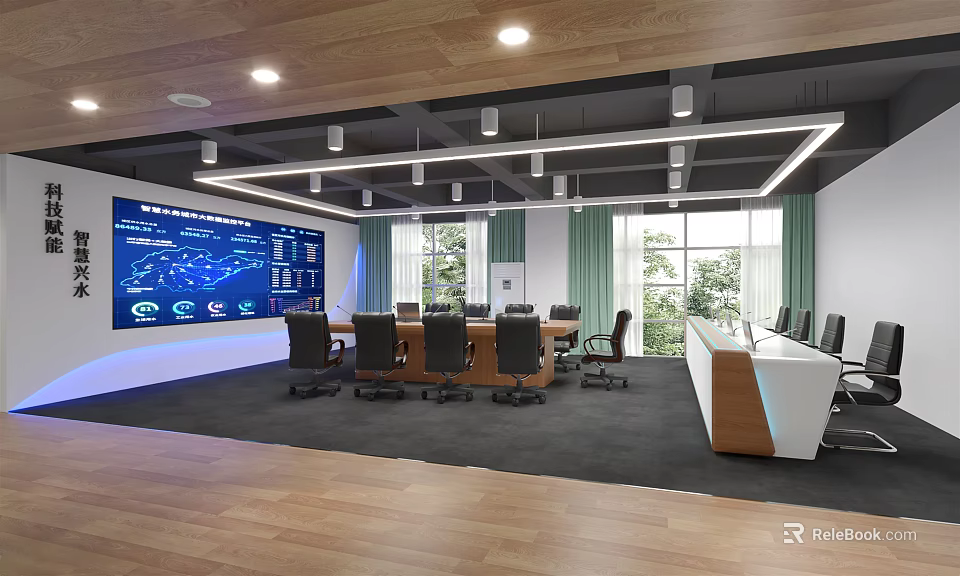 Modern Monitoring Room Interior With Large Display Screen Conference Table And Ergonomic Chairs 3d model 