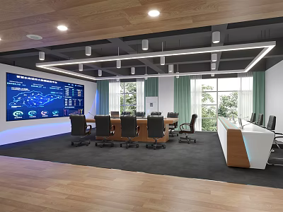 Modern Monitoring Room Interior With Large Display Screen Conference Table And Ergonomic Chairs 3d model