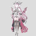 Woman with Long Red Hair Black Horns and Black Wings Wearing Black Purple Outfit with Lace Strappy Design
