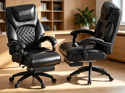Black Leather Office Chair With Quilted Pattern Armrests And Adjustable Footrest 3d model