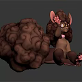 Cute 3D Game Character With Curly Brown Fur Pink Ears Glasses And Large Bumpy Sphere