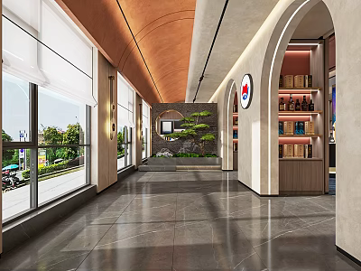 Modern Showroom Featuring Arched Doorways Wooden Bookshelves Green Plants And Large Windows 3d model
