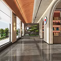 Modern Showroom Featuring Arched Doorways Wooden Bookshelves Green Plants And Large Windows