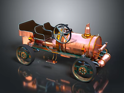 Vintage Copper Colored Car With Exposed Mechanical Parts Steering Wheel And Seats 3d model