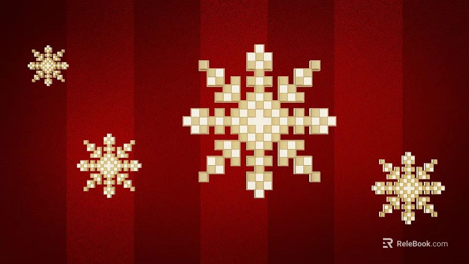 Pixel Art Gold Snowflakes With Decorative Design On Red Background 3d model 