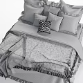 Comfortable Double Bed with Soft Pillows Gray Striped Blanket and Ruffled Bed Skirt