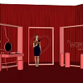Woman In Black Dress At Women's Day Setup With Red Curtains Neon Heart Decorations