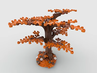 Building Block Tree Model With Orange Leaves Brown Trunk And Decorative Base 3d model