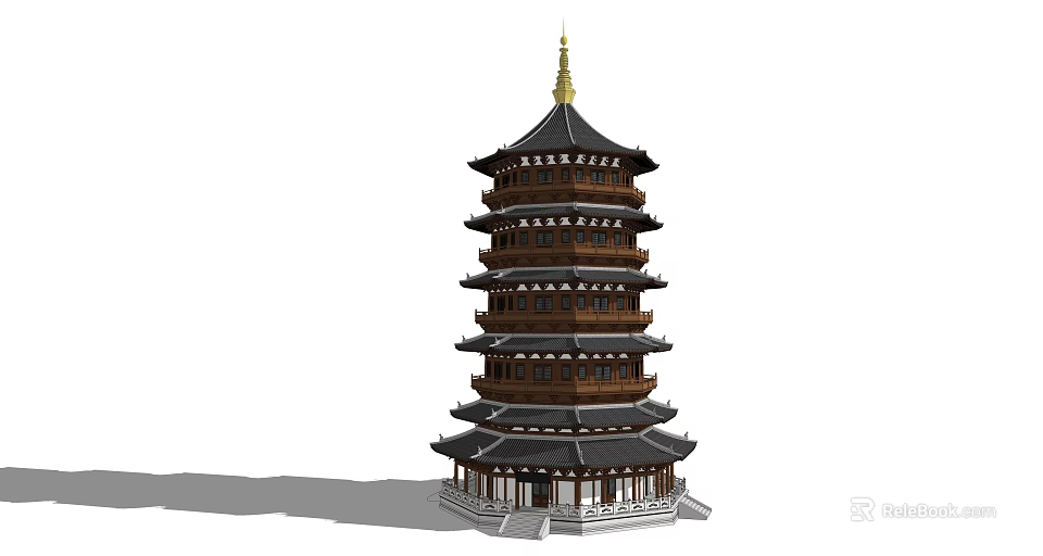 Traditional Chinese Pagoda With Multiple Tiers Golden Spire Wooden Structure And Overhanging Eaves 3d model 