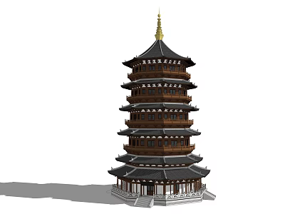 Traditional Chinese Pagoda With Multiple Tiers Golden Spire Wooden Structure And Overhanging Eaves 3d model