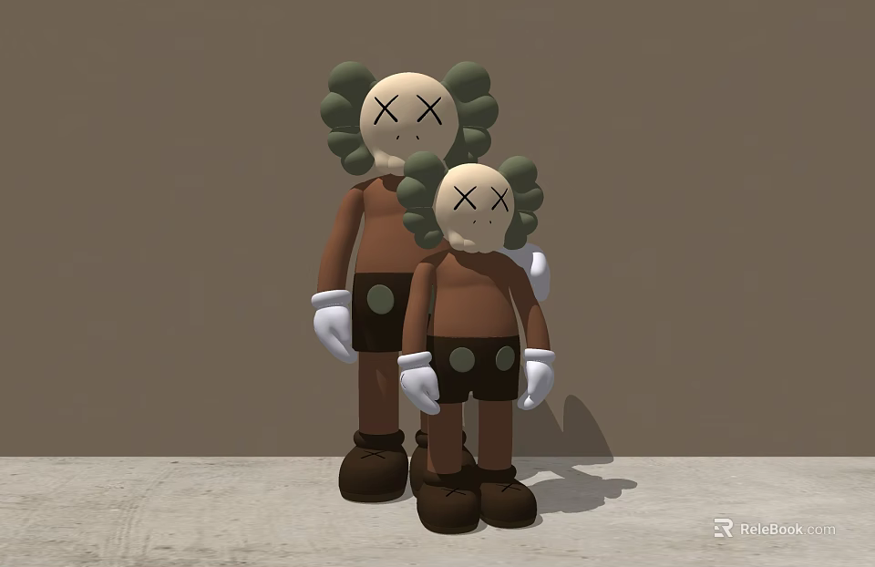 Two Kaws Style Large And Small Figurines Brown Bodies Green Ears White Gloves Cross Eyes 3d model 