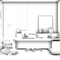 Modern Office Desk With Leather Chair Floor Lamp And Decorative Painting On Wooden Wall