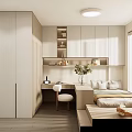 Tatami Bedroom Interior With Desk Chair Shelves And Large Window Blinds