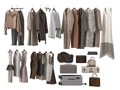 Stylish Clothes Collection Featuring Coats Jackets Dresses Pants Bags And Luggage 3d model