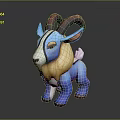 3D Blue Goat Model With Brown Horns Orange Mane White Markings Standing on Dark Background