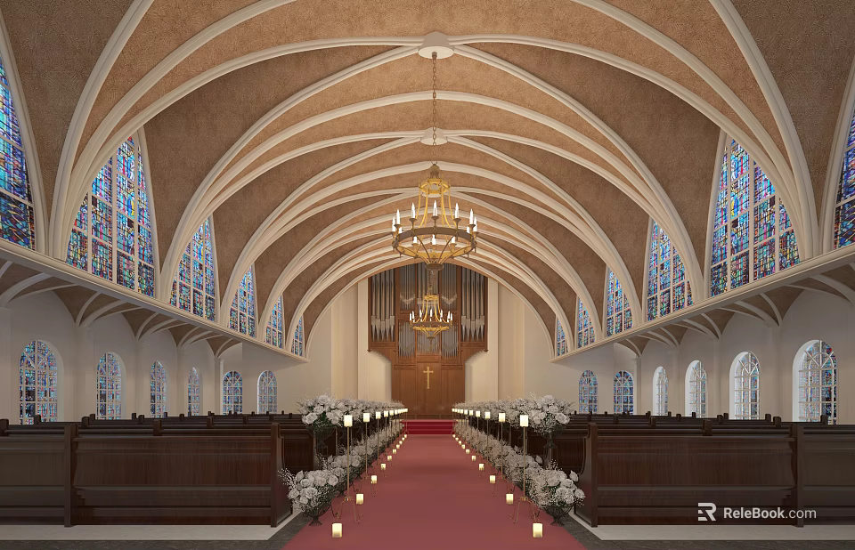 Church Interior With Arched Ceiling Stained Glass Windows Central Pipe Organ Wooden Pews Red Carpet 3d model 