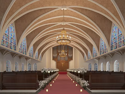 Church Interior With Arched Ceiling Stained Glass Windows Central Pipe Organ Wooden Pews Red Carpet 3d model