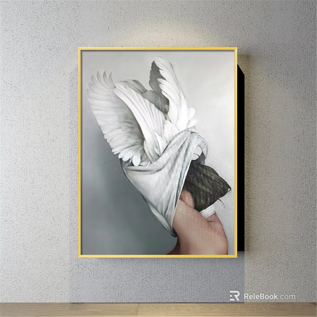 Figure Painting Featuring Hand Holding White Cloth Wrapped Object With White Wings And Golden Frame 3d model 