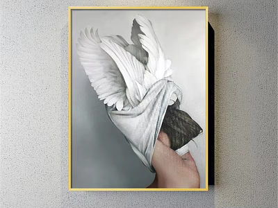 Figure Painting Featuring Hand Holding White Cloth Wrapped Object With White Wings And Golden Frame 3d model