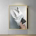 Figure Painting Featuring Hand Holding White Cloth Wrapped Object With White Wings And Golden Frame