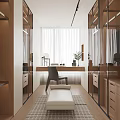 Modern Walk-in Closet with Wooden Cabinets Glass Doors Desk Window Curtains and Bench