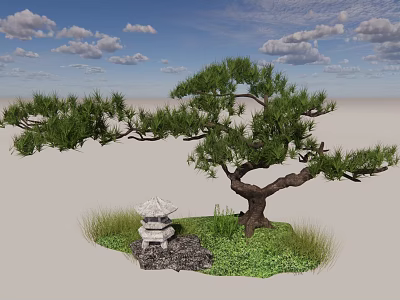 Tall Pine Tree With Stone Lantern Green Grass And Rocks Under Blue Sky 3d model