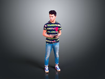 Man holding tablet in colorful striped T-shirt blue jeans and sneakers standing against gray background 3d model