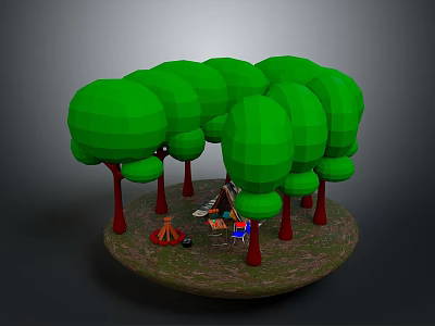 Green Leafy Trees with Red Trunks Surrounding Camping Tent and Supplies 3d model
