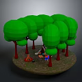Green Leafy Trees with Red Trunks Surrounding Camping Tent and Supplies