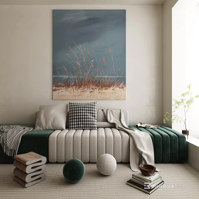 Stylish Living Room Interior Featuring Green Sofa Throw Pillows Spherical Decor Potted Plant And Painting 3d model 