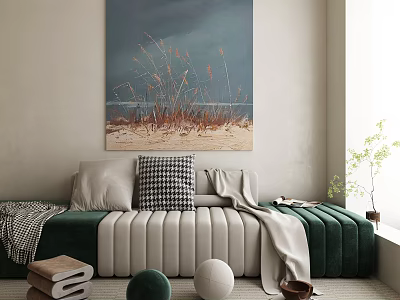 Stylish Living Room Interior Featuring Green Sofa Throw Pillows Spherical Decor Potted Plant And Painting 3d model