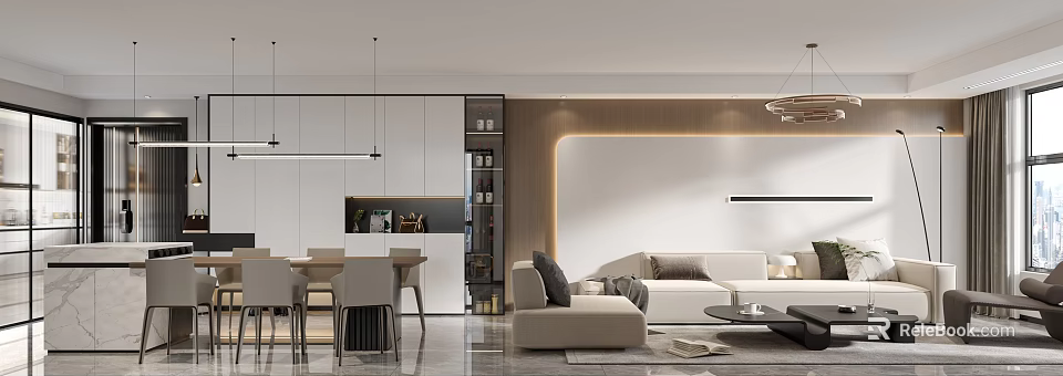 Modern Living Dining Room Interior Design With White Sofa Beige Lounge Chair Dining Table And Wooden Wall Decor 3d model 