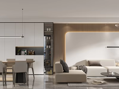 Modern Living Dining Room Interior Design With White Sofa Beige Lounge Chair Dining Table And Wooden Wall Decor 3d model